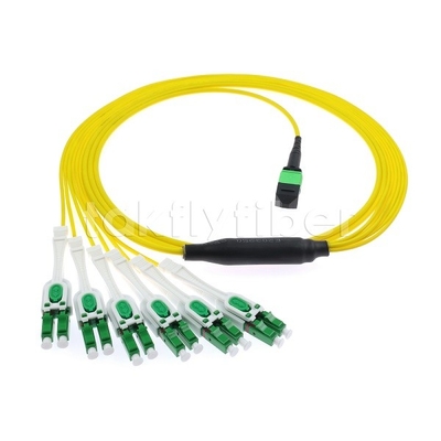 12F MPO-6x LC APC DX Uniboot SM फाइबर ऑप्टिक पैच कॉर्ड निकेल स्लीव 3.0 मिमी व्यास के साथ