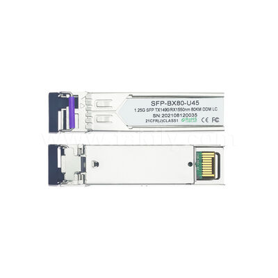 डेटा सेंटर FTTX के लिए SFP 1.25gbps 80km LC रीच Tx1490nm/Rx1550nm द्वि-दिशात्मक ऑप्टिकल ट्रांसीवर