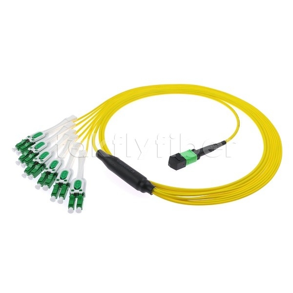 12F MPO-6x LC APC DX Uniboot SM फाइबर ऑप्टिक पैच कॉर्ड निकेल स्लीव 3.0 मिमी व्यास के साथ